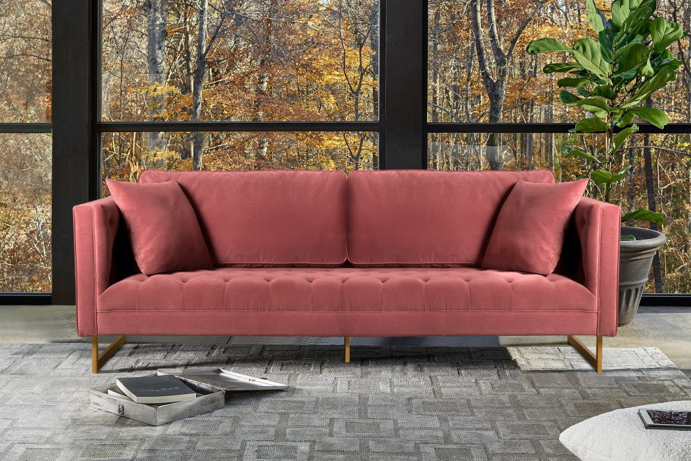 Lenox Velvet Sofa With Brass Legs, Pink