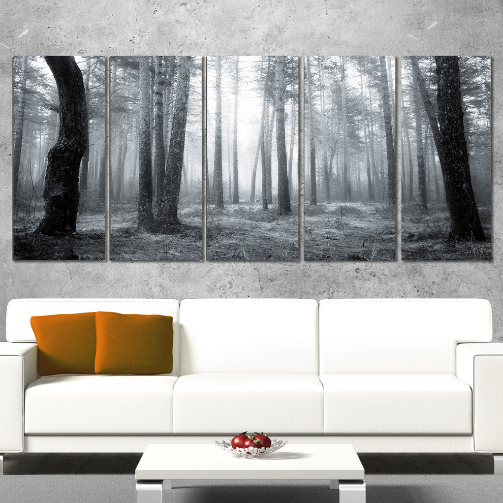 Black and White Foggy Forest, Forest Canvas Art Print, 60"x28", 5 Panels