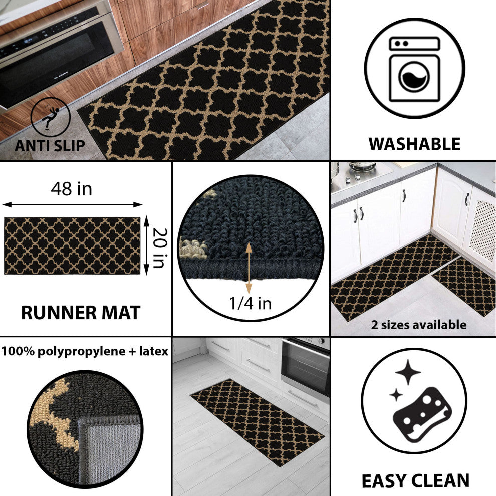 Wool Effect Arabesque, Black/Tan, Kitchen Runner Rug