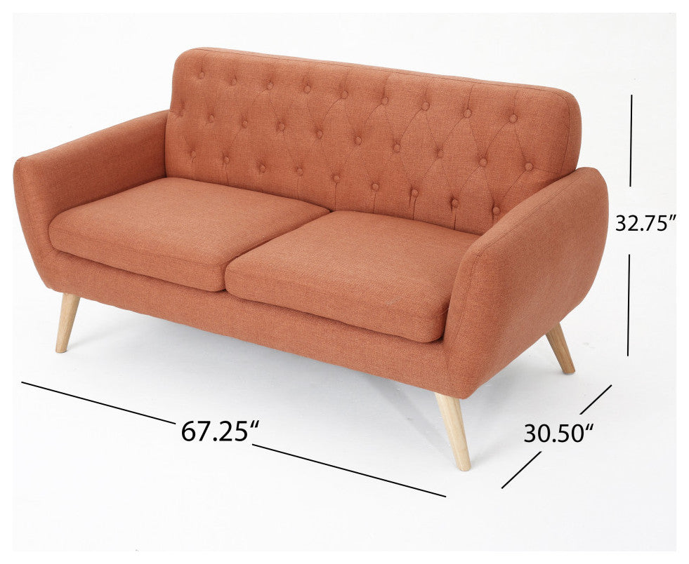 GDF Studio Eunice Petite Mid Century Modern Tufted Fabric Sofa, Burnt Orange