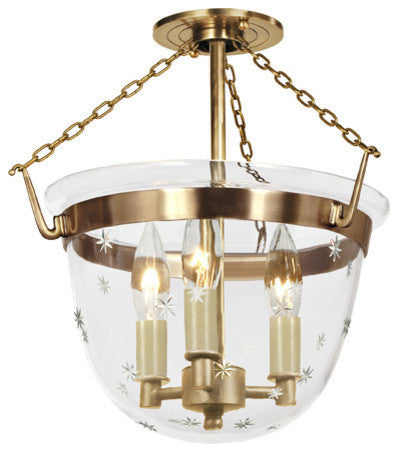 Small Semi Flush Classic Bell Lantern In Tiny Star Glass, Rubbed Brass