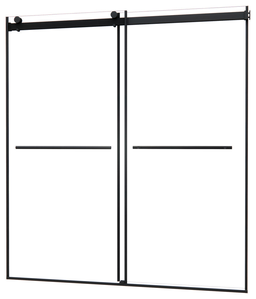 Frameless Exposed Roller Shower Door, Clear Glass, Matte Black, 68" W X 76" H