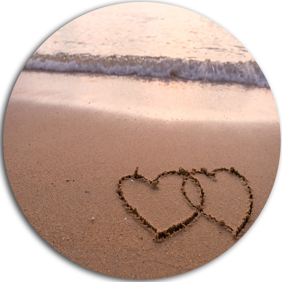 Two Hearts Drawn On The Beach, Seascape Disc Metal Artwork, 11"