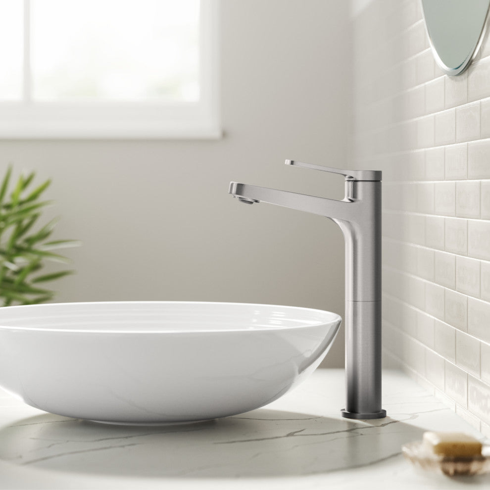 KRAUS Indy Single Handle Vessel Bathroom Faucet Spot Free BN, Pop Up Drain