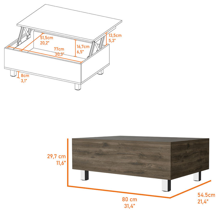 Boston Top Coffee Liftable Table, Dark Brown