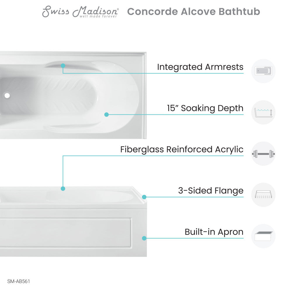 Concorde 60"x32" Acrylic, Alcove, Right-Hand Drain