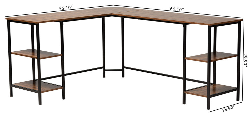Marinda Walnut Brown L-Shaped Corner Desk with Shelves