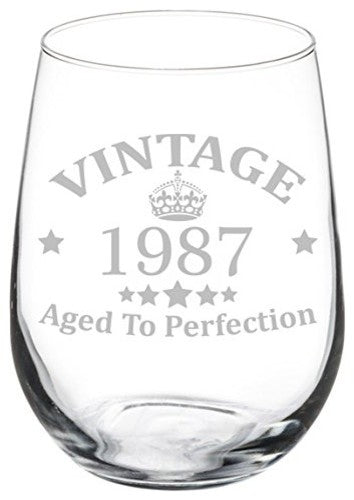 Wine Glass Goblet 30th Birthday Vintage Aged to Perfection 1987, 17 Oz Stemless