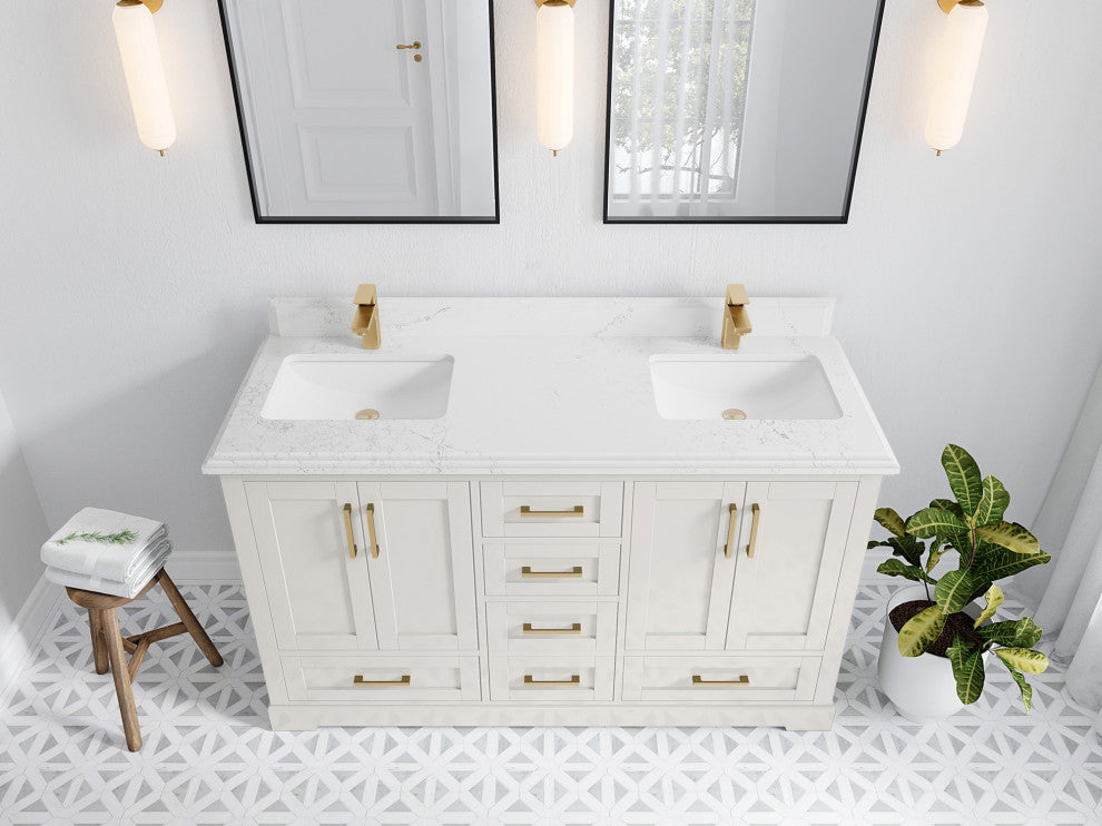 Boston 60" Double Bathroom Vanity in Alabaster 1.5" Empira Quartz