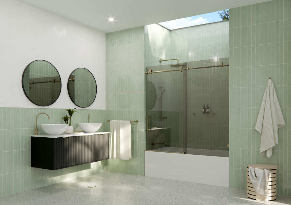 Equinox 60"x60" Frameless Glass Bath Slider, Gray Tint, Brushed Bronze