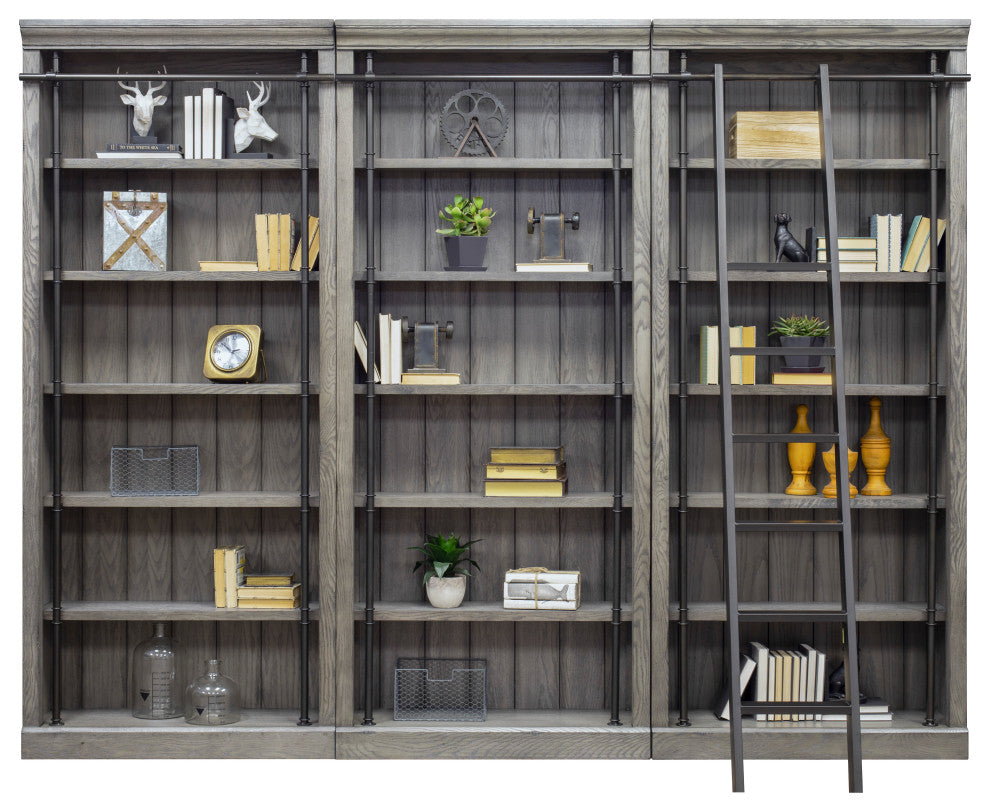 8' Tall Bookcase Wall With Ladder, Storage Organizer, Gray