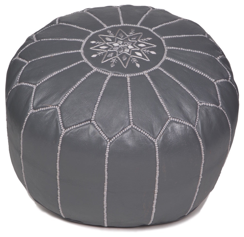 Gray Moroccan Leather Pouf, White Stitching, Unstuffed