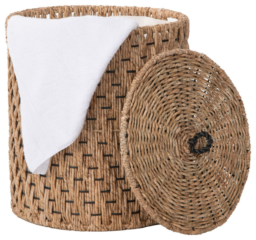 Round Lidded Vertical Weave Seagrass Laundry and Storage Basket With Liner