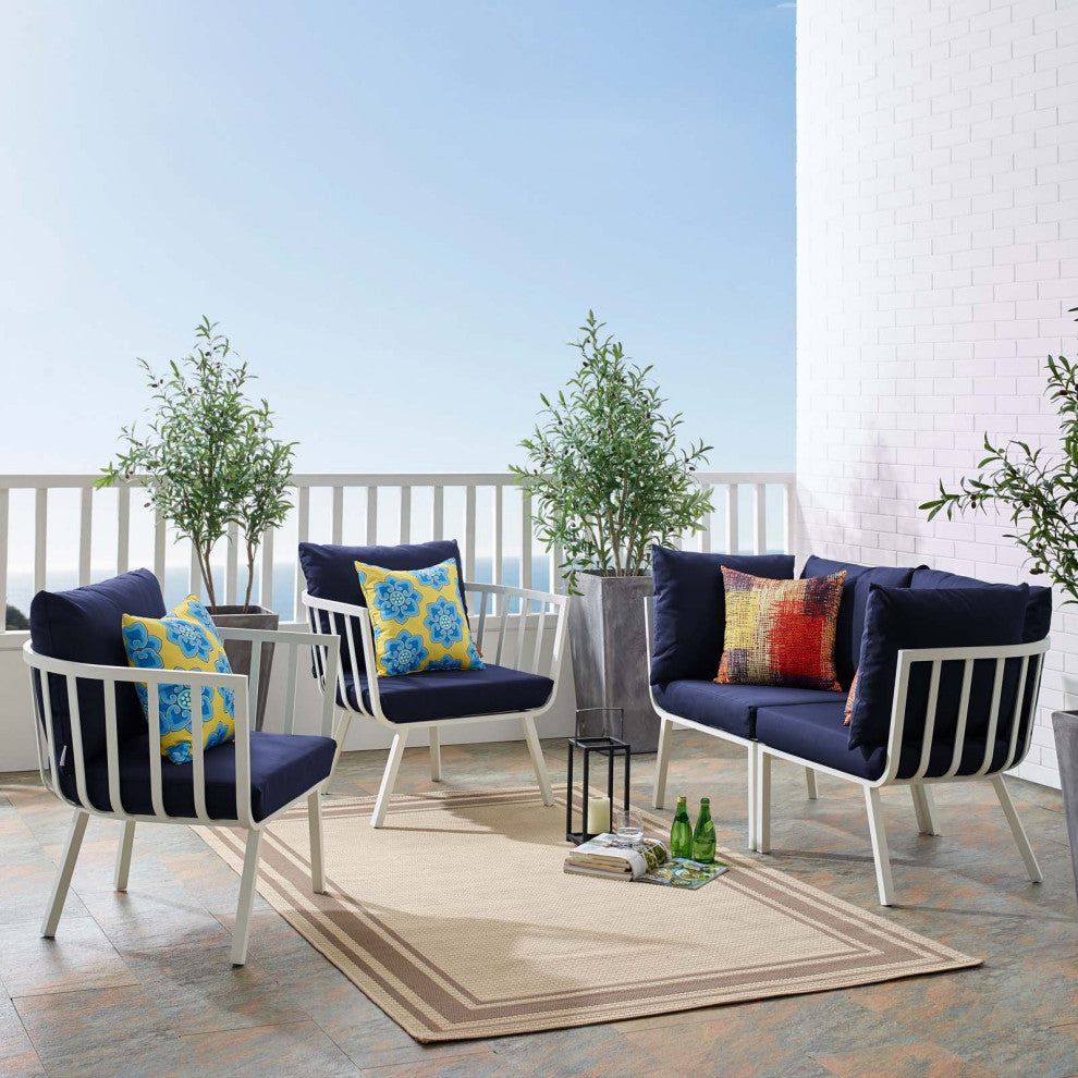 Lounge Sectional Sofa Chair Set, Aluminum, Metal, White Blue Navy, Outdoor