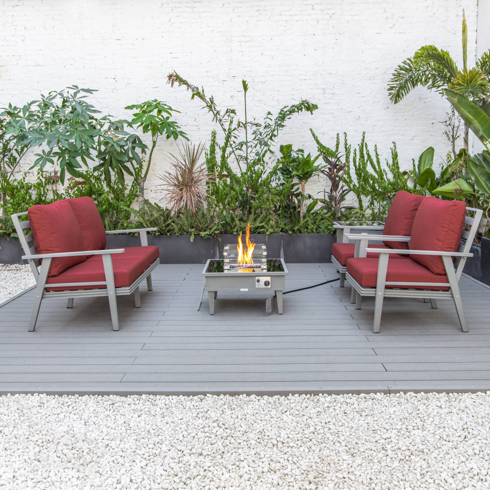 LeisureMod Walbrooke Grey Patio Sofa Set With Square Fire Pit Table, Red