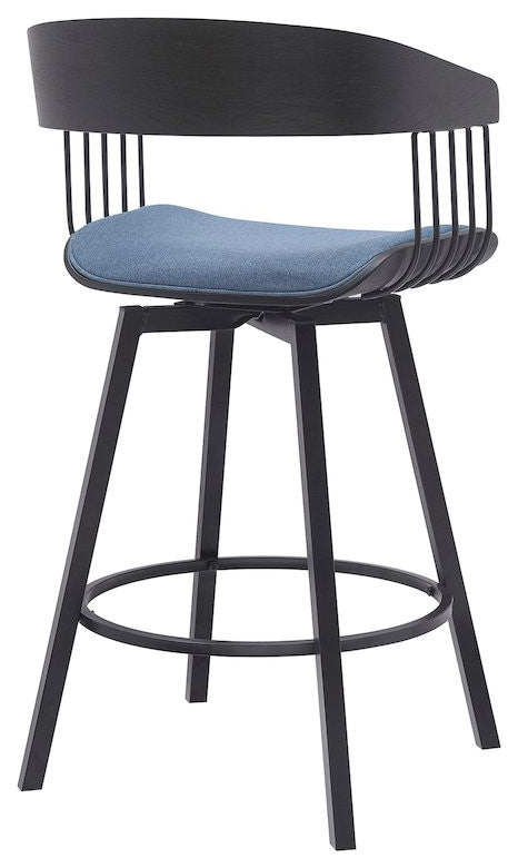 Athena Upholstered Wood Swivel Bar or Counter Stool with Black Metal