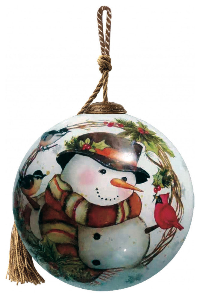 Winter Wreath Forest Snowman Hand Painted Mouth Blown Glass Ornament