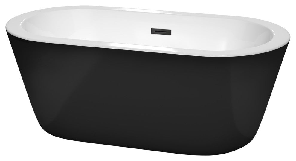 60" Freestanding Bathtub, Black, White Interior, Black Drain, Trim