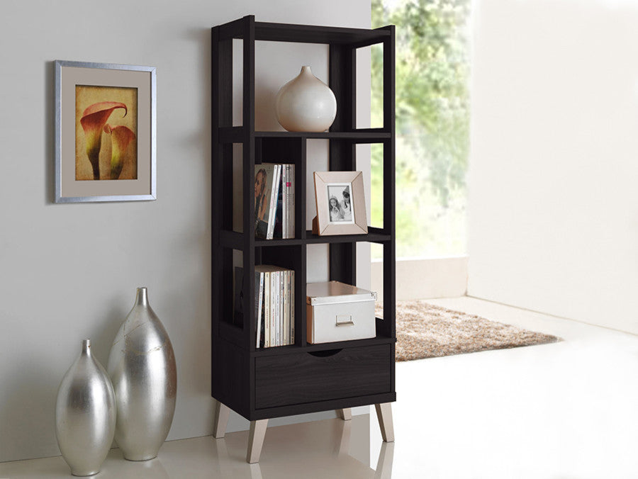 Kalien Dark Brown Wood Leaning Bookcase With Display Shelves and One Drawer