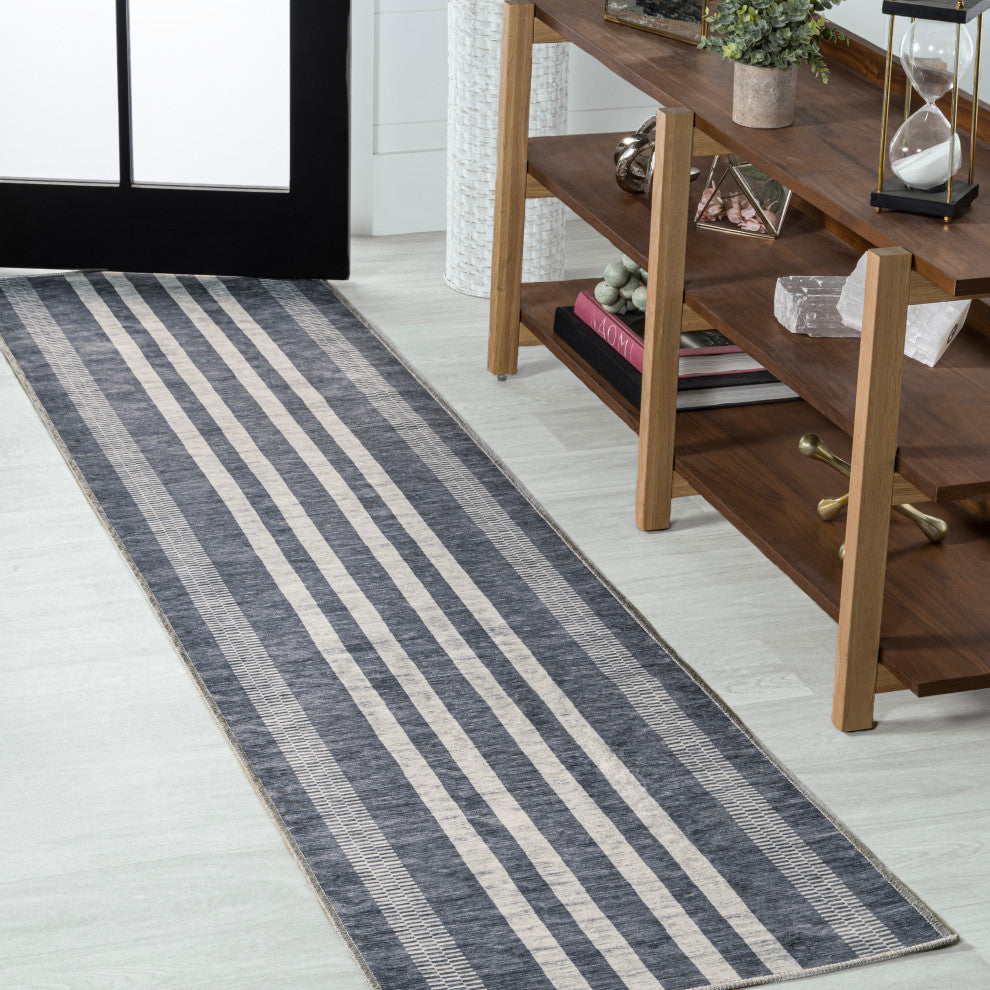 Vichy Geometric Striped Machine-Washable Area Rug, Slate Gray/Ivory, 2 X 8