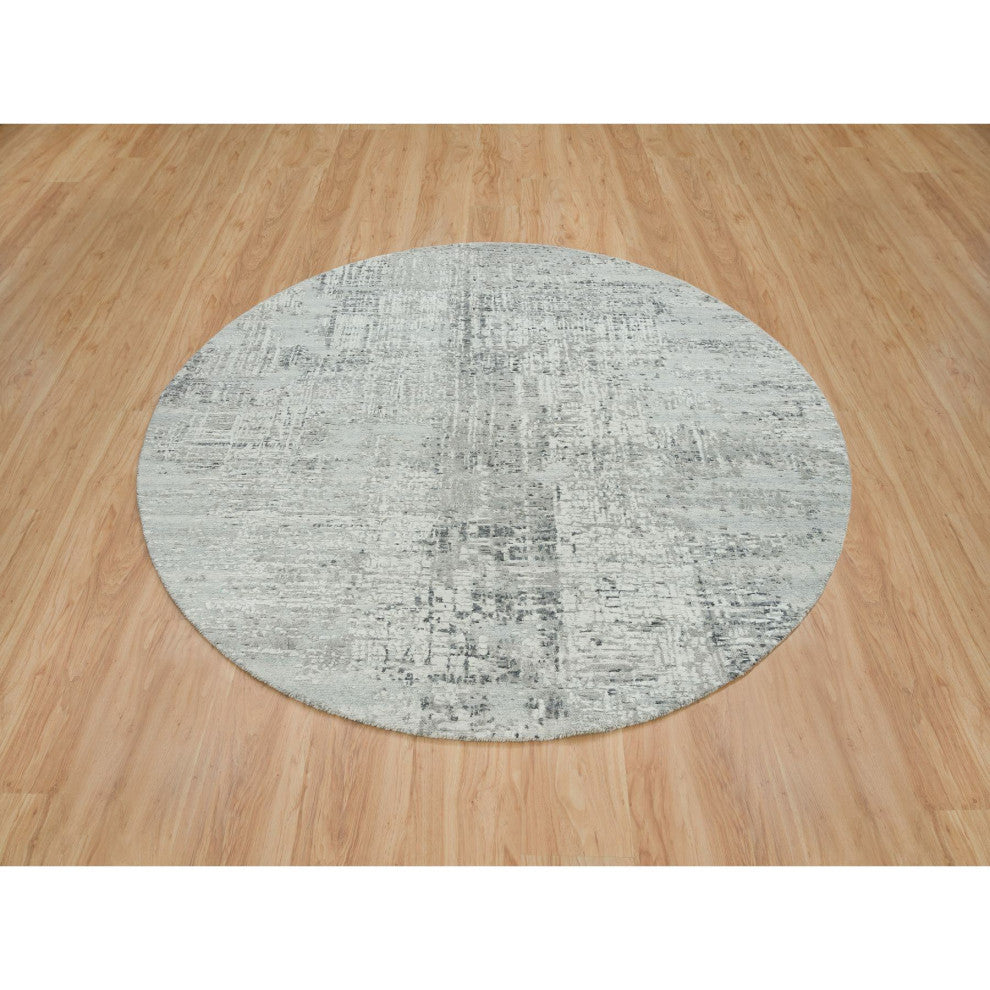 Light Gray Modern Design Natural Wool Hand Knotted Round Oriental Rug 6'1"x6'1"