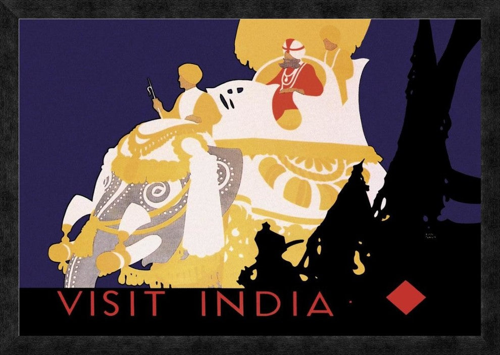 "Visit India" Framed Canvas Giclee by Vintage Elephant, 32"x23"