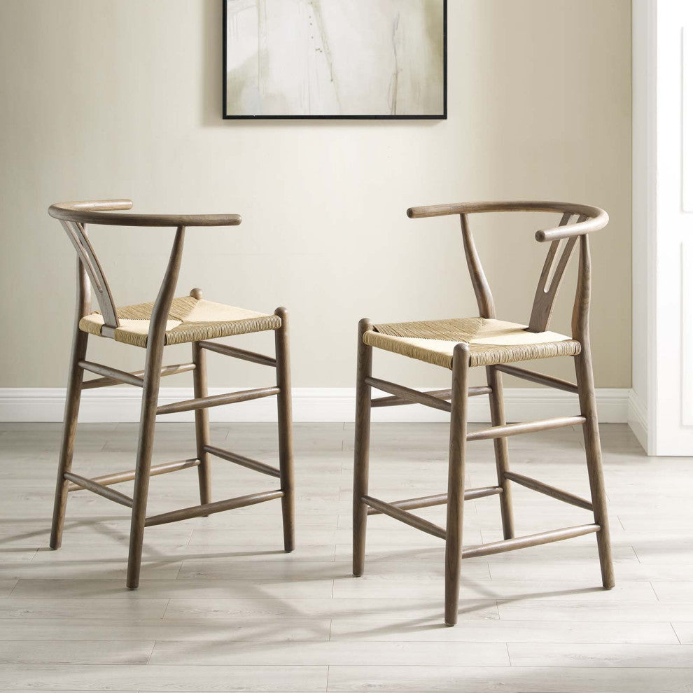 Counter Stool Chair, Set of 2, Wood, Gray, Bar Pub Cafe Bistro Restaurant