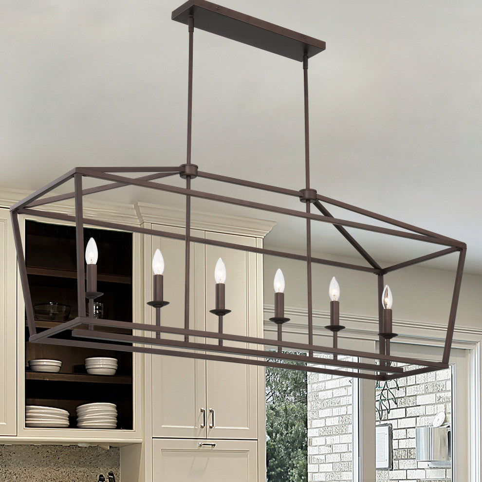 6 Light Kitchen Island Linear Pendant Chandelier, Oil Rubbed Bronze