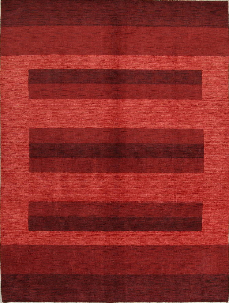 Gabbeh Striped Pattern Hand-Knotted Indian Oriental Rug, Red, 9'11"X8'2"