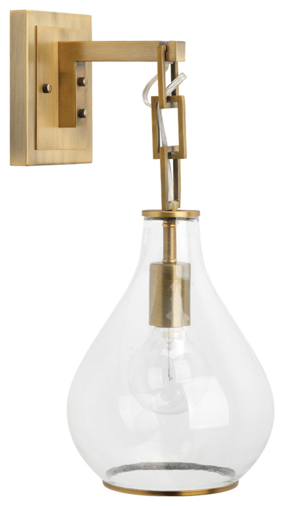 Tear Drop Hanging Wall Sconce, Clear Glass and Antique Brass