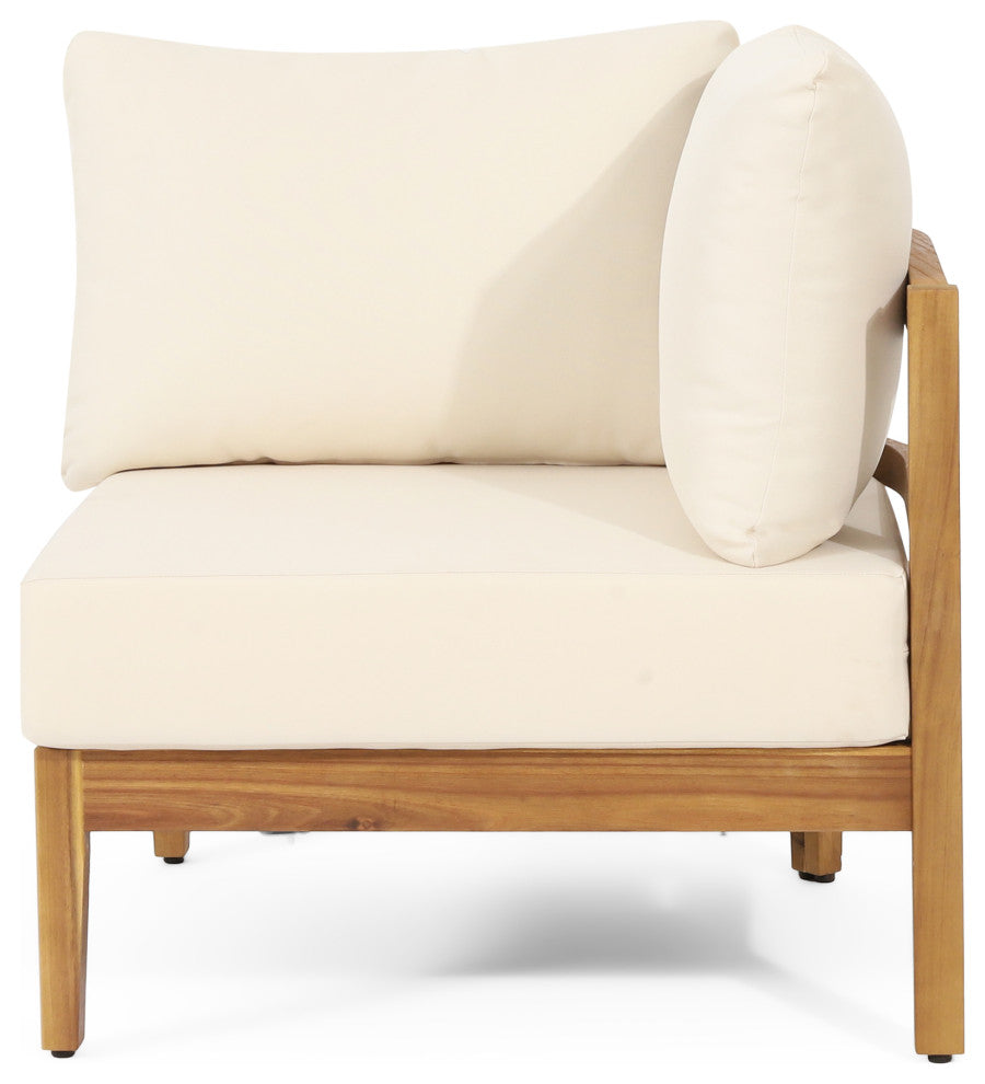 The Crowne Outdoor Acacia Wood and Round Wicker 5 Seater Sectional Sofa Chat Set