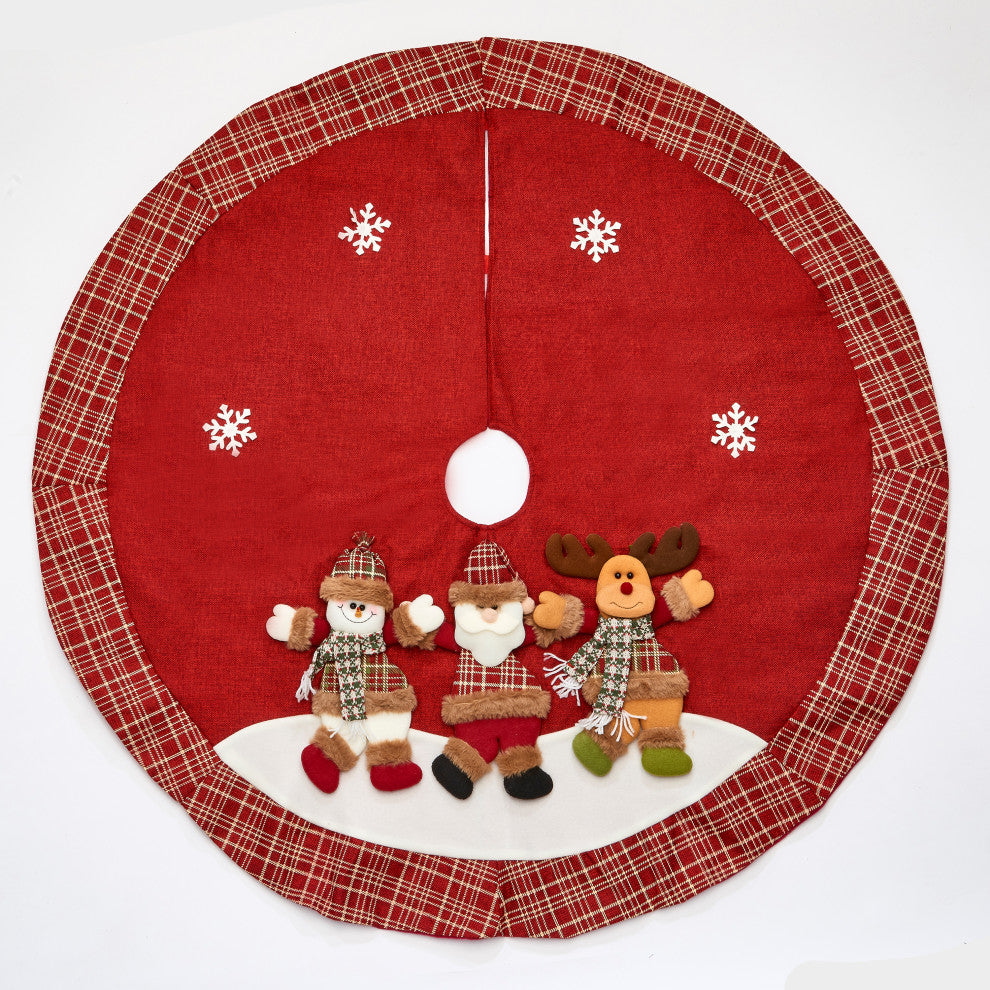 48" Christmas Embroidered Tree Skirt With Moose, Santa And Snowman