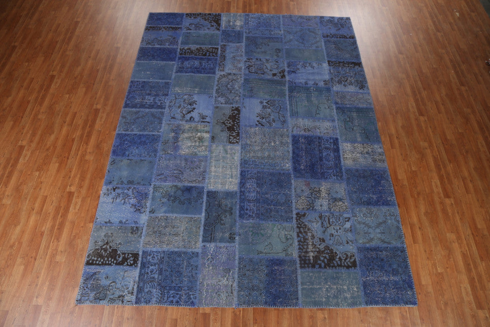 Blue Over-dyed Patchwork Turkish Area Rug Hand-tufted Wool Carpet 9x12