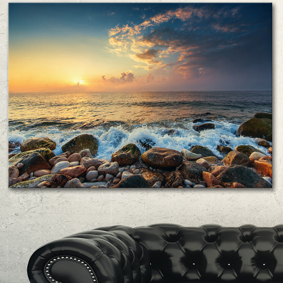 Sunrise and Shining Waves in Sea, Large Seashore Canvas Art Print, 60"x28"
