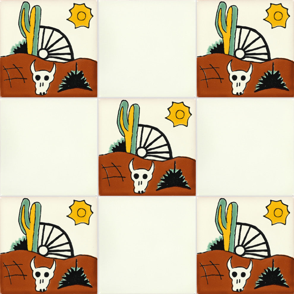 4.25"x4.25" Talavera Mexican Handmade Ceramic Tile, Cactus & Bull, Set of 90