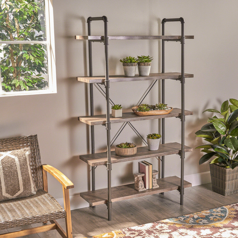 GDF Studio Clint Faux Wood Industrial Five Tier Shelf, Dark Brown/Texture Brown