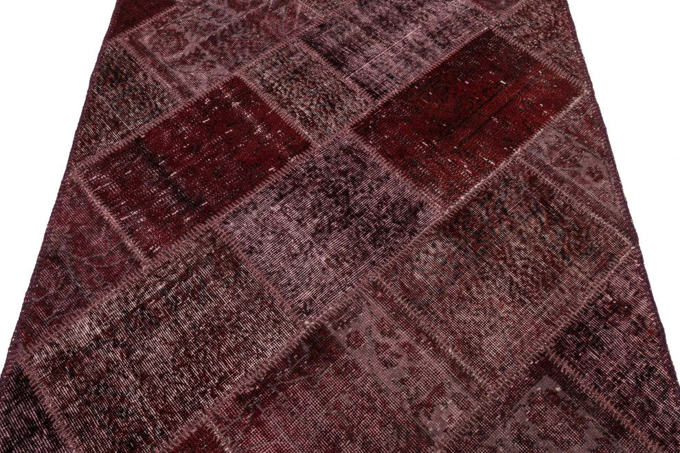 Red Patchwork Hand-Knotted Turkish Rug 3' 11" x 5' 11", 47 in. x 71 in.
