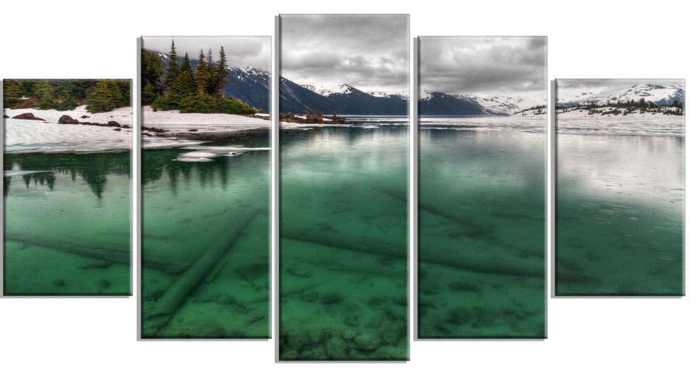 Crystal Clear Lake and Mountains, Landscape Canvas Print, 60"x32", 5 Panels