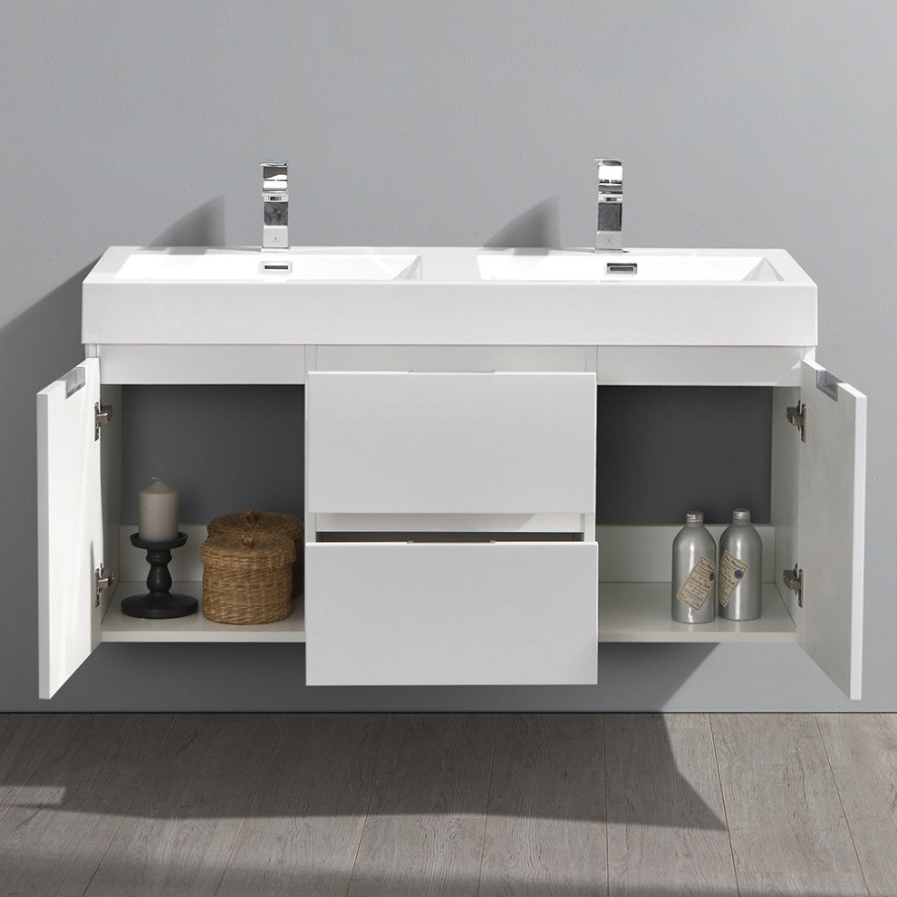 Valencia Wall Hung Double Sink Bathroom Vanity, Glossy White, 48"