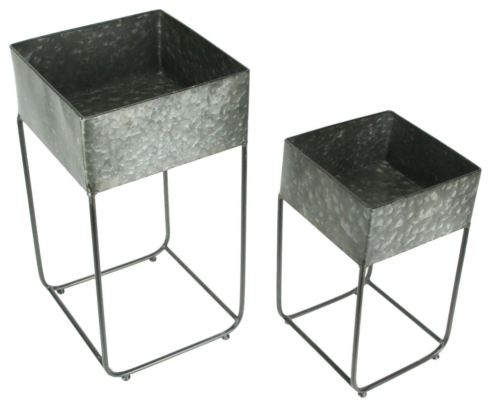 Set of 2 Galvanized Zinc Finish Square Metal Planters On Stands
