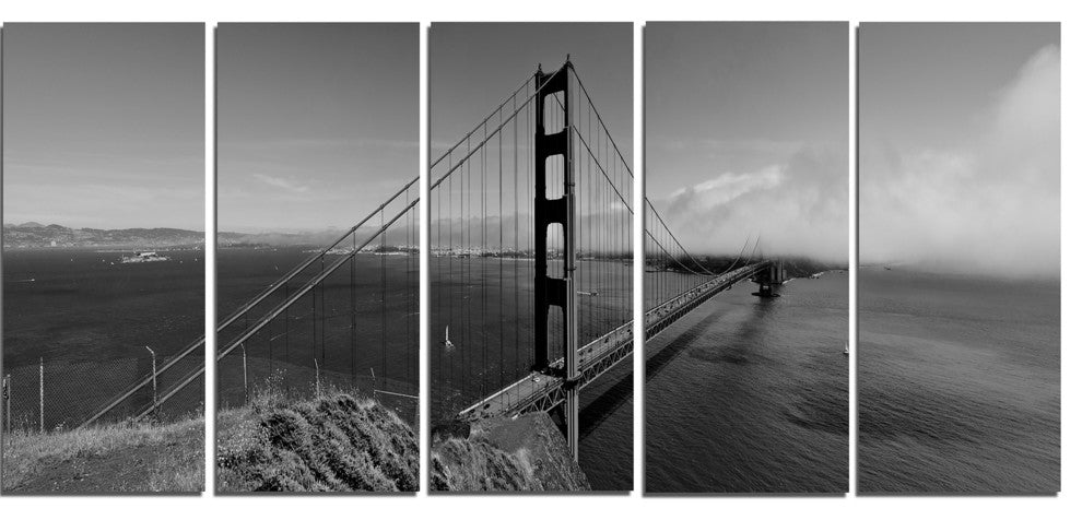 "Golden Gate Bridge in Gray" Panorama Sea Bridge Wall Artwork60"x28", 5-Panels