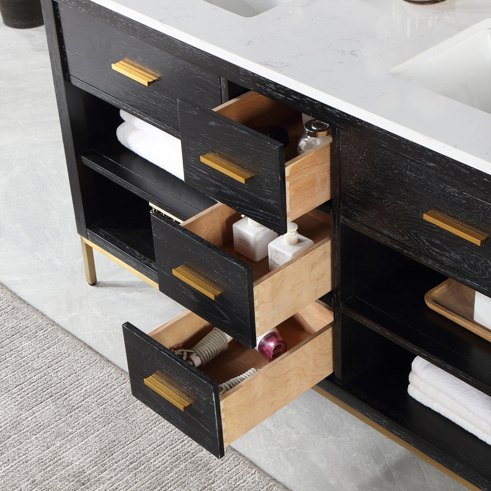 Kesia Black Oak Bathroom Vanity Set, 60", With Mirror