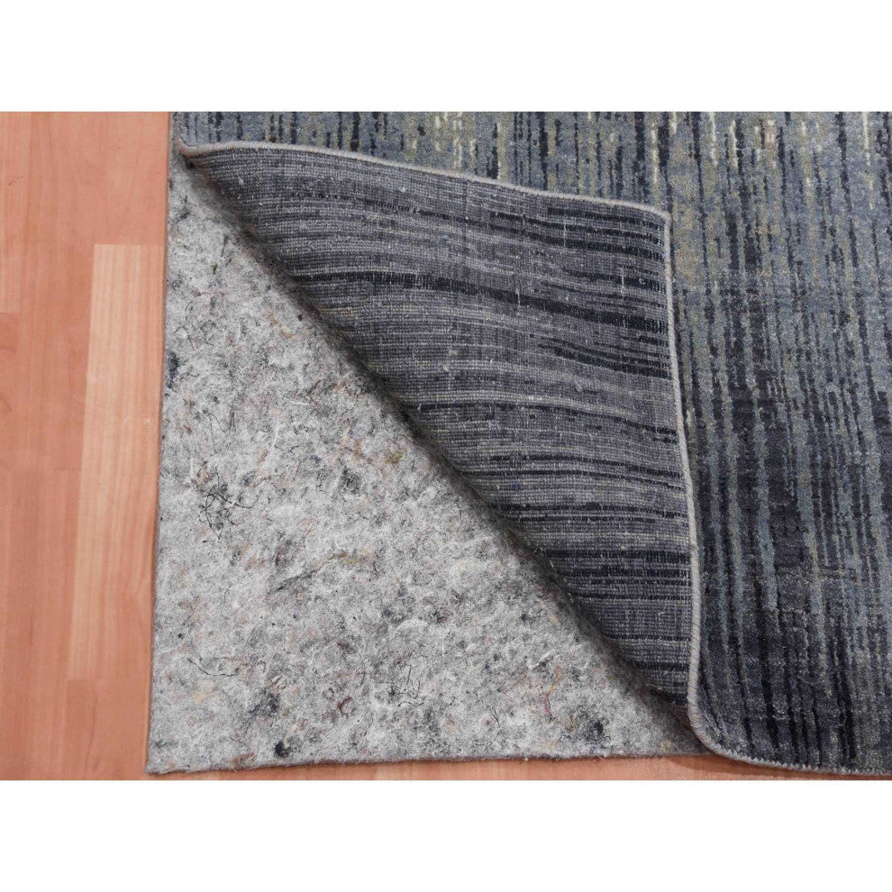 Gray and Blue Pure Wool Hand Knotted Modern Ombre Design Runner Rug, 2'6"x8'0"