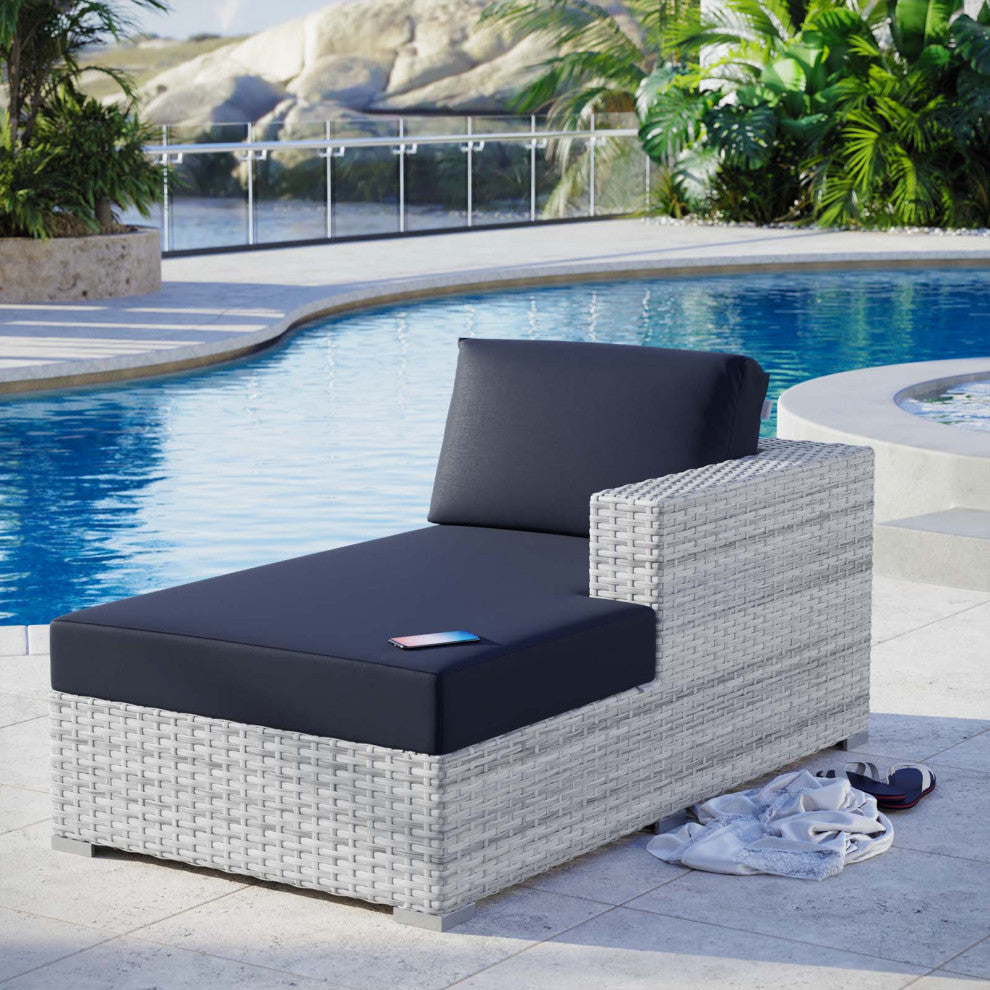 Lounge Chair Chaise, Rattan, Wicker, Gray Blue Navy, Modern, Outdoor Patio