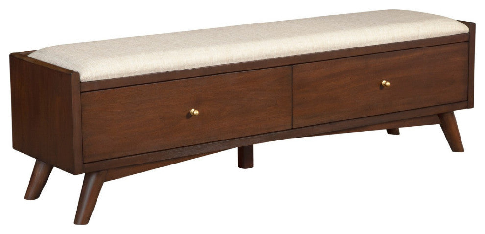 Benzara BM283855 59" 2 Drawer Accent Bench, Beige Seat Wood, Walnut Brown