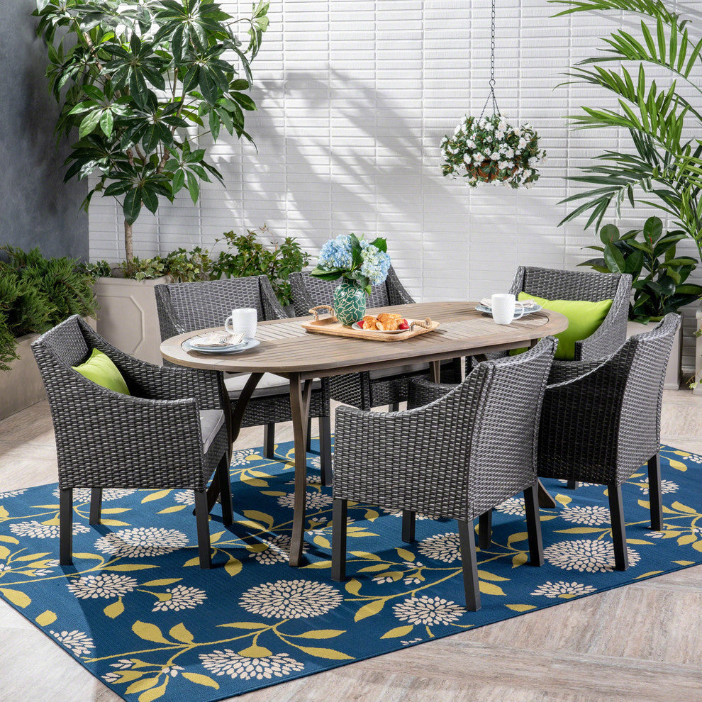 GDF Studio 7-Piece Pettit Outdoor Wood and Wicker Dining Set, Gray/Gray/Silver