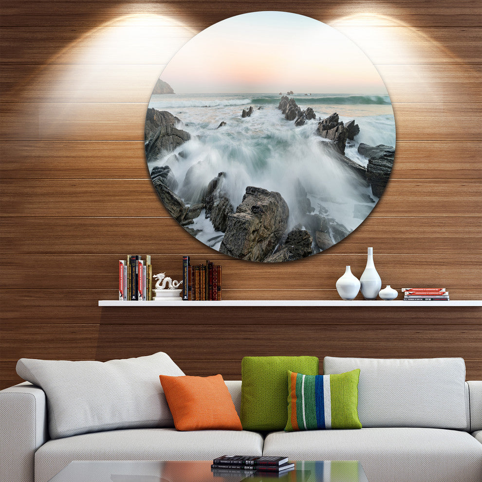 Bay Of Beaky Vibrant White Waves, Seashore Disc Metal Artwork, 36"
