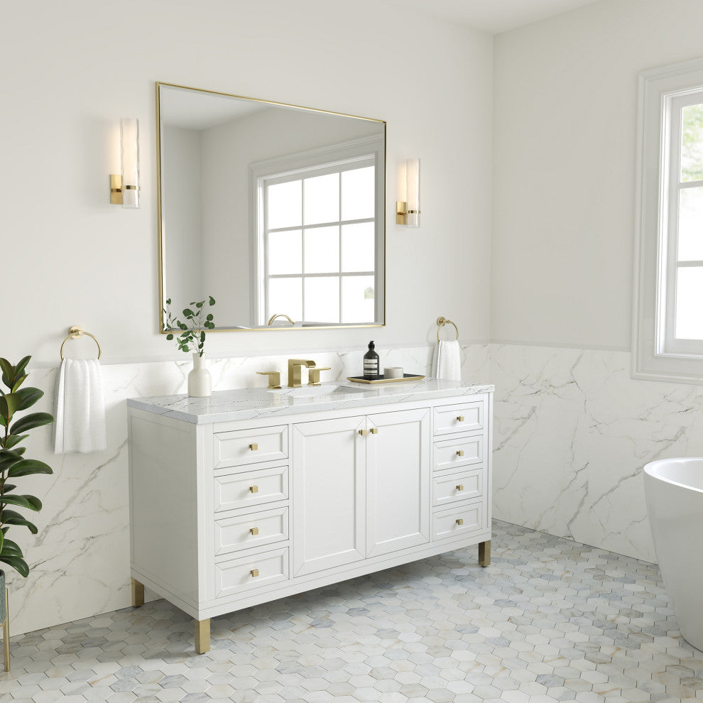 Chicago 60" Single Vanity, Glossy White, Ethereal Noctis Quartz