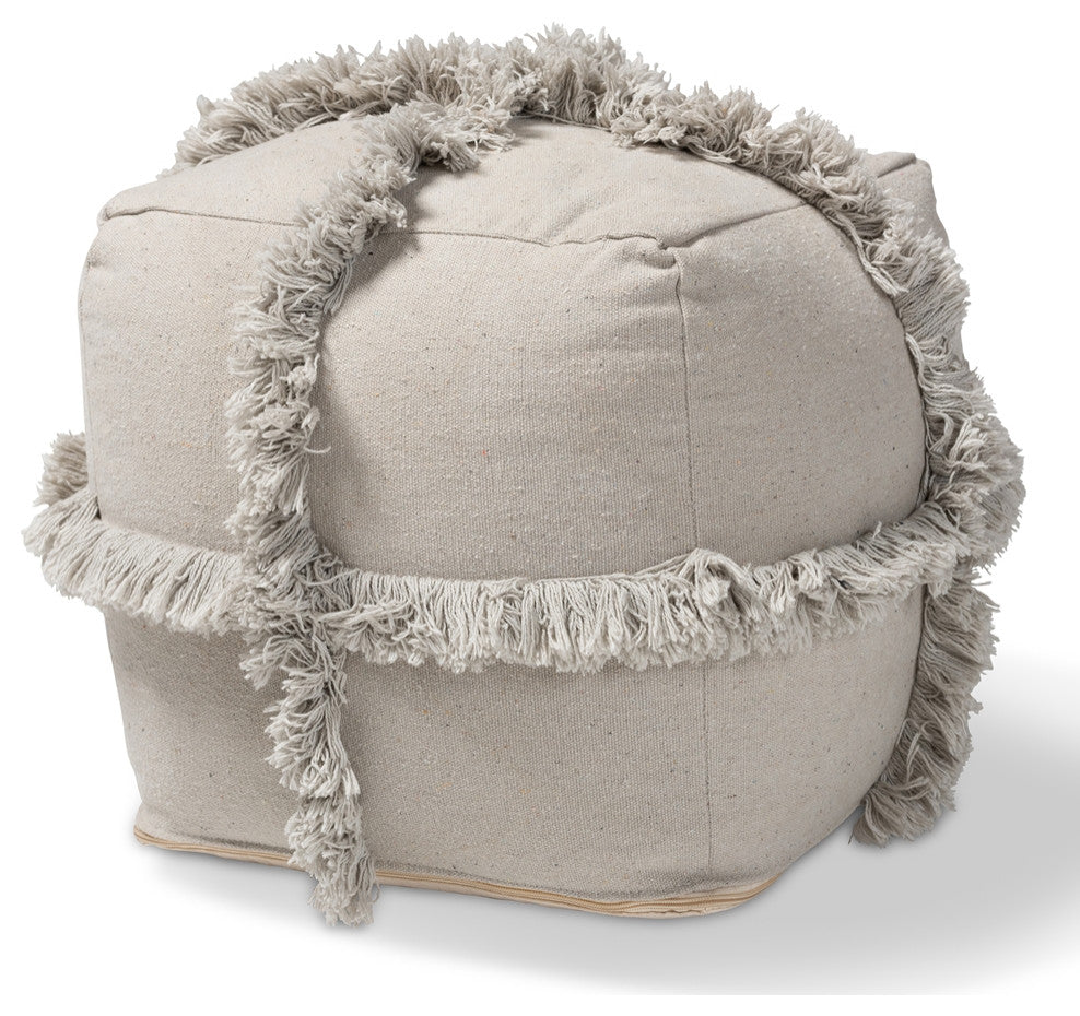 Beautiful Moroccan Inspired Grey Handwoven Cotton Fringe Pouf Ottoman