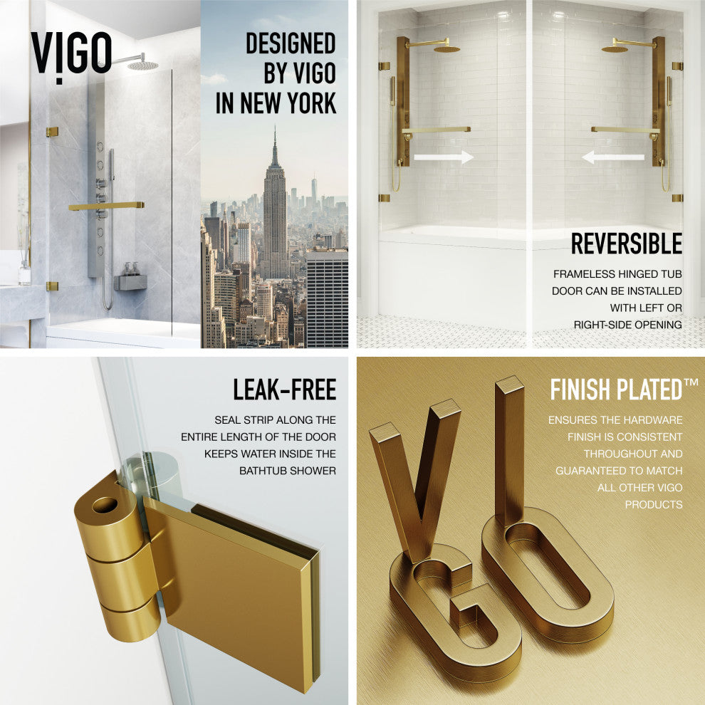 VIGO Rialto 34" W x 58" H Frameless Hinged Tub Door, Matte Brushed Gold, Clear Glass